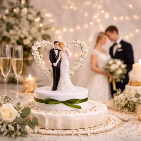 Tortenaufsatz Hochzeitspaar auf Torte mit romantischer Hochzeitsdekoration, im Hintergrund ein echtes Brautpaar in weichem Fokus.