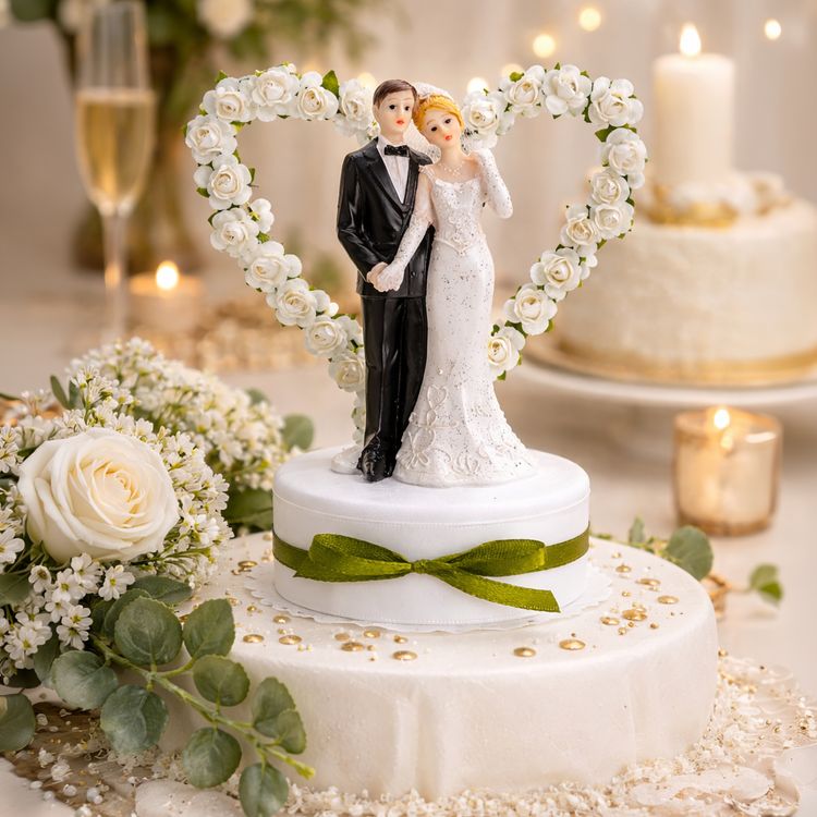 Figur Hochzeitspaar Weiß 16 cm Tortenaufsatz Tisch-Deko Party-Zubehör Tortenaufsatz Hochzeitspaar in Weiß mit Herz aus Rosen, Braut im Kleid und Bräutigam im Anzug auf dekorativem Sockel mit grünem Band.