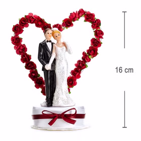Tortenfigur Hochzeitspaar mit rotem Rosenherz und Größenangabe 16 cm, detailreiche Hochzeitsdekoration für Torte oder Tisch.
