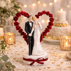 Dekoratives Hochzeitspaar mit Rosenherz als Tischdekoration auf festlich gedecktem Hochzeitstisch mit Kerzen, Blumen und warmem Licht.