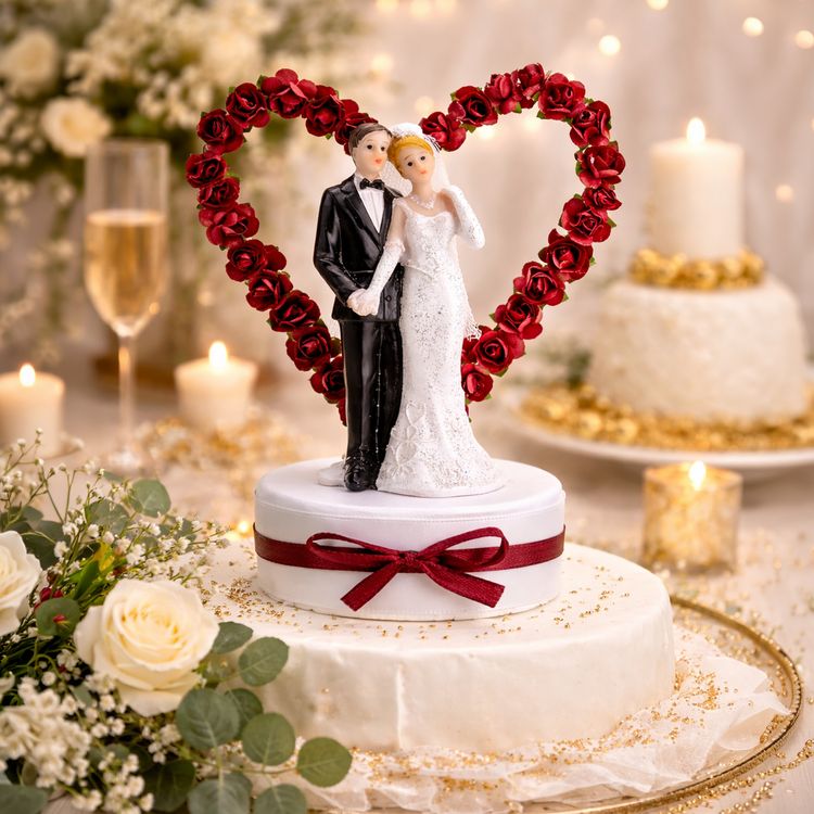 Figur Hochzeitspaar Herz Rot 16 cm Tortenaufsatz Tisch-Deko Party-Zubehör Tortenaufsatz Hochzeitspaar mit rotem Rosenherz, Braut in weißem Kleid und Bräutigam im schwarzen Anzug auf Sockel mit roter Schleife.