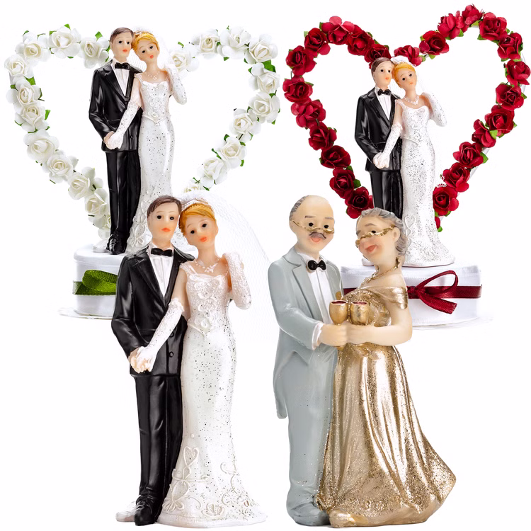 Figur Hochzeitspaar Herz Rot 16 cm Tortenaufsatz Tisch-Deko Party-Zubehör Party-Deko Dekoration Brautpaar Hochzeits-Deko Geschenkidee Hochzeitstorte Übersicht verschiedener Tortenaufsätze mit Hochzeitspaaren und Rosenherzen in Weiß und Rot sowie Jubiläumsfigur zur goldenen Hochzeit.