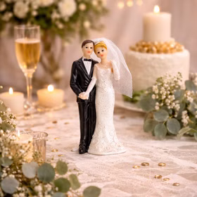 Hochzeitsfigur Brautpaar als Tischdekoration auf festlich gedecktem Tisch mit Kerzen, Blumen und romantischer Beleuchtung.