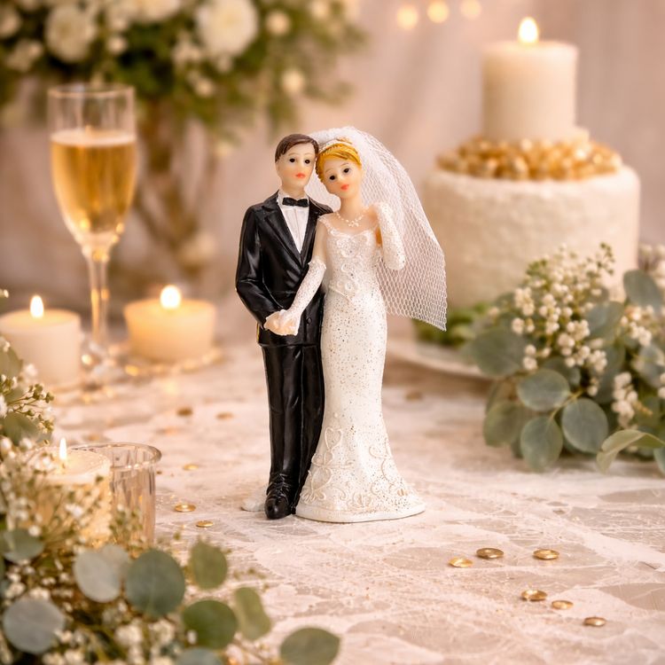 Tortenaufsatz Hochzeitspaar 11 cm, Braut in weißem Kleid mit Schleier und Bräutigam im schwarzen Anzug, detailreiche Hochzeitsfigur.