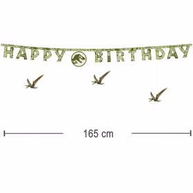 Jurassic World Party-Set Dinosaurier Party-Deko 34-Teile T-Rex Geburtstag Saurier Lizenz-Party-Zubehör gedeckter Tisch Tisch-Deko Mottoparty Kindergeburtstag Geburtstag Maßangaben des Happy Birthday Banners mit hängenden Dino-Elementen und einer Länge von 165 Zentimeter.