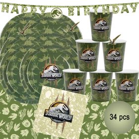 Komplettübersicht des 34-teiligen Jurassic World Party-Sets mit Tellern, Bechern, Servietten, Banner und Tischdecke im Dinosaurier-Design.