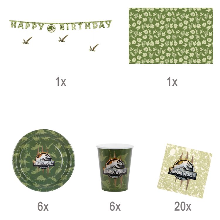 Jurassic World Party-Set Dinosaurier Party-Deko 34-Teile T-Rex Geburtstag Komplettübersicht des 34-teiligen Jurassic World Party-Sets mit Tellern, Bechern, Servietten, Banner und Tischdecke im Dinosaurier-Design.