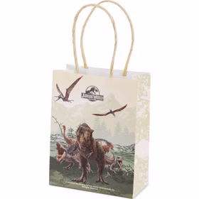 Jurassic World Geschenktüte mit Dinosauriern und Flugsauriern auf weißem Hintergrund.