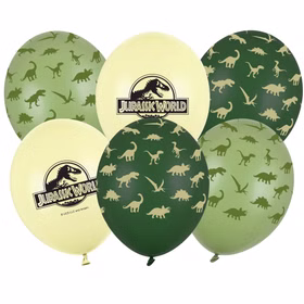 Sechs Jurassic World Luftballons in verschiedenen Grüntönen mit Dino-Motiven und Logo.