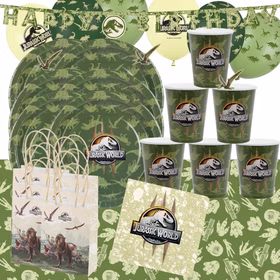 Jurassic World Party-Set in Grün mit Dino-Motiven, bestehend aus Banner, Tischdecke, Tellern, Bechern, Ballons und Tüten