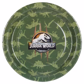 Grüner Jurassic World Pappteller mit Dino-Mustern und großem Logo in der Mitte auf hellem Hintergrund.