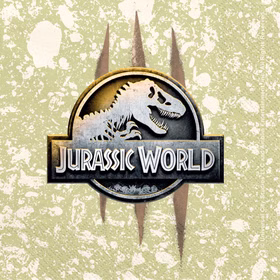 Jurassic World Serviette in Hellgrün mit großem Logo und Dino-Krallenmotiv im Hintergrund.