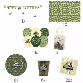 Übersicht des 46-teiligen Jurassic World Party-Sets mit Mengenangaben zu Banner, Tischdecke, Ballons, Tellern, Bechern, Servietten und Tüten.