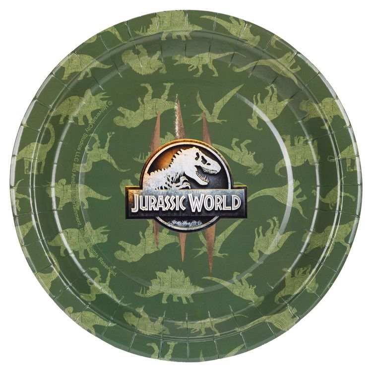 Jurassic World XXL Party-Set Dinosaurier Party-Deko 46-Teile T-Rex Geburtstag Jurassic World XXL Party-Set mit Banner, Tischdecke, Tellern, Bechern, Ballons, Servietten und Geschenktüten als Gesamtübersicht.