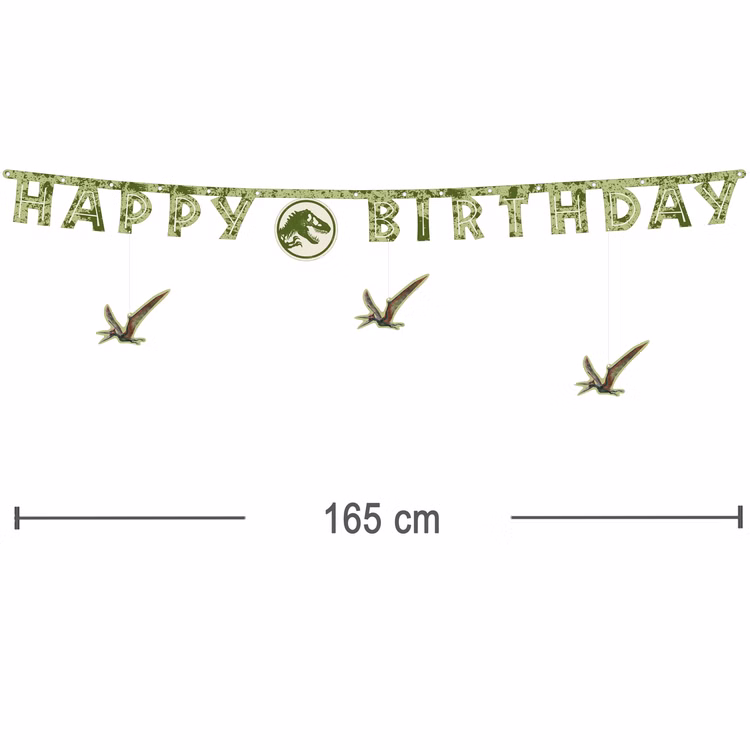 Jurassic World XXL Party-Set Dinosaurier Party-Deko 46-Teile T-Rex Geburtstag Saurier Lizenz-Party-Zubehör gedeckter Tisch Tisch-Deko Mottoparty Kindergeburtstag Geburtstag Jurassic World Happy Birthday Banner in Grün mit Dino-Motiven und einer Länge von 165 cm.