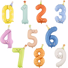 Übersicht aller Folienballons in Form der Zahlen 0 bis 9 in Pastellfarben mit niedlichen Gesichtern und Partyhütchen auf weißem Hintergrund.