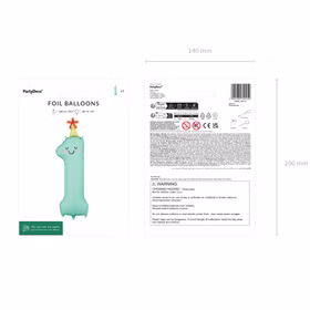 Verpackung eines Folienballons in Form der Zahl 1 in Mintgrün, Vorder- und Rückseite der Produktverpackung mit Größenangaben und Sicherheitshinweisen dargestellt.