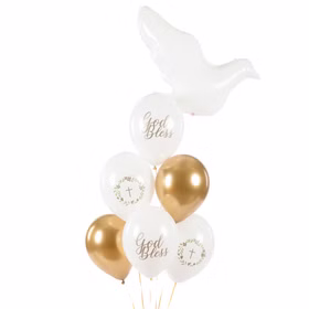 Ballonstrauß aus weißen und goldenen „God Bless“ Luftballons mit weißem Tauben-Folienballon für Kommunion-Deko.