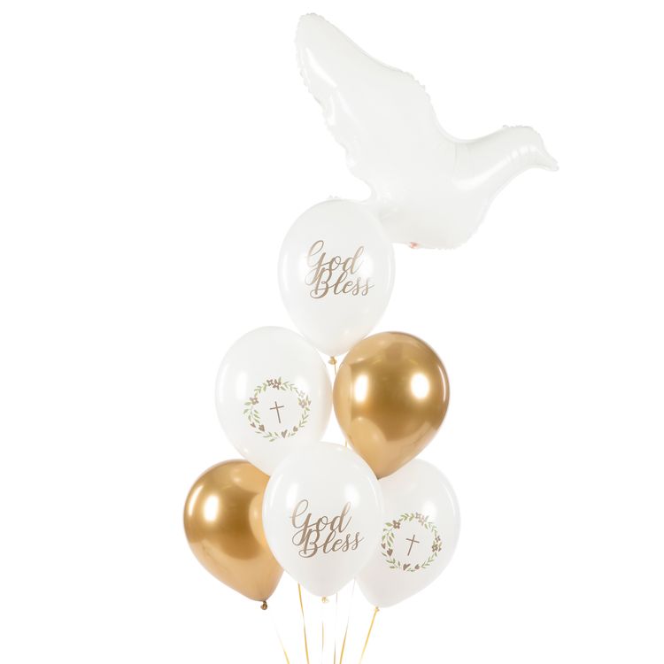 Kommunion Luftballons 6 Stück God Bless Party-Deko Sechs elegante Kommunion-Luftballons in Weiß und Gold mit „God Bless“-Schriftzug sowie Kreuz- und Kranzmotiven.