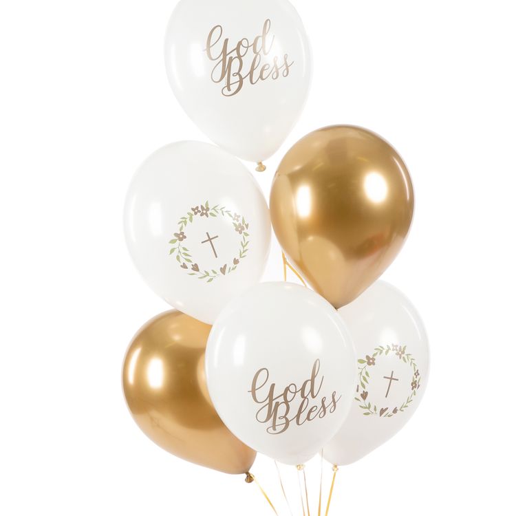 Kommunion Luftballons 6 Stück God Bless Party-Deko Sechs elegante Kommunion-Luftballons in Weiß und Gold mit „God Bless“-Schriftzug sowie Kreuz- und Kranzmotiven.