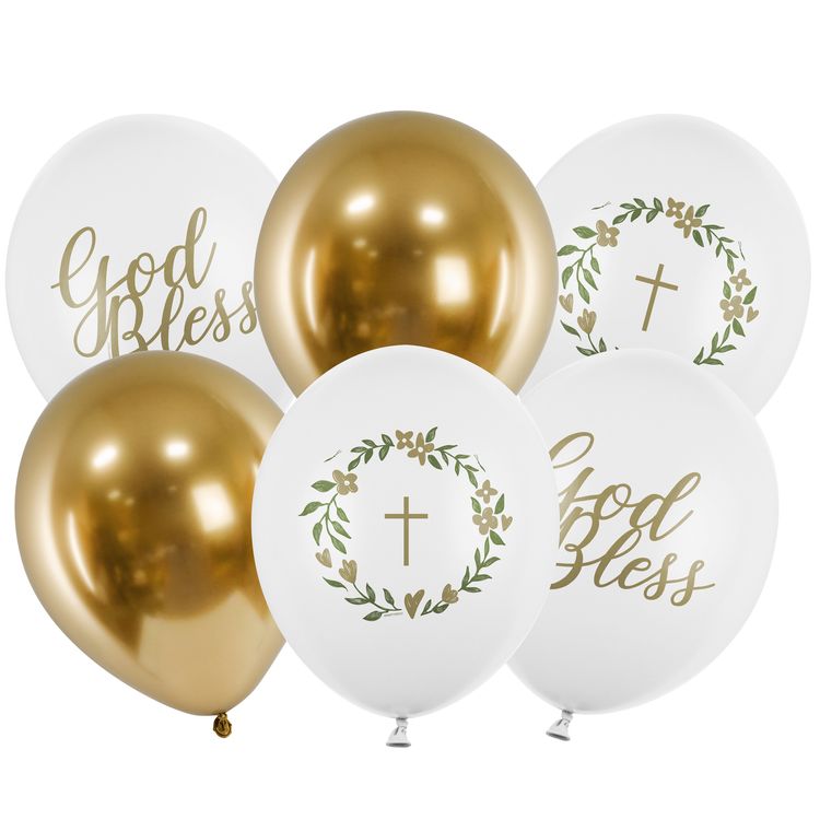 Kommunion Luftballons 6 Stück God Bless Party-Deko Sechs elegante Kommunion-Luftballons in Weiß und Gold mit „God Bless“-Schriftzug sowie Kreuz- und Kranzmotiven.