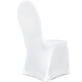 Vorderansicht: Weiße Stuhlhusse aus mattem, elastischem Stoff, straff über einen Stuhl mit runder Rückenlehne gezogen, elegante und faltenarme Passform.