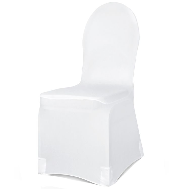 Vorderansicht: Weiße Stuhlhusse aus mattem, elastischem Stoff, straff über einen Stuhl mit runder Rückenlehne gezogen, elegante und faltenarme Passform.