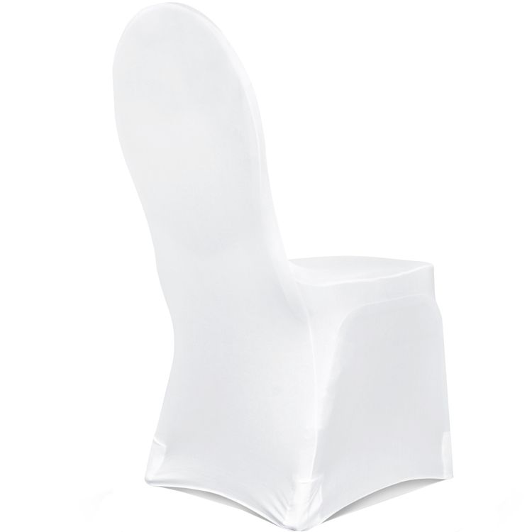Vorderansicht: Weiße Stuhlhusse aus mattem, elastischem Stoff, straff über einen Stuhl mit runder Rückenlehne gezogen, elegante und faltenarme Passform.