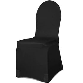 Vorderansicht: Schwarze Stuhlhusse aus mattem, elastischem Stoff, straff über einen Stuhl mit runder Rückenlehne gezogen, elegante und faltenarme Passform.