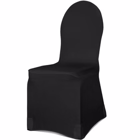 Vorderansicht: Schwarze Stuhlhusse aus mattem, elastischem Stoff, straff über einen Stuhl mit runder Rückenlehne gezogen, elegante und faltenarme Passform.