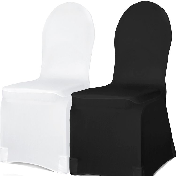 Vorderansicht: Schwarze Stuhlhusse aus mattem, elastischem Stoff, straff über einen Stuhl mit runder Rückenlehne gezogen, elegante und faltenarme Passform.