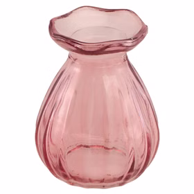Mini Glasvase Corolle 7 x 9 cm kleine Blumenvase Tisch-Deko Hochzeit Geburtstag Sommerfest Gartenparty Vase klein Deko-Zubehör gedeckter Tisch Mini Glasvase Corolle 7 x 9 cm in Rosa, kleine Blumenvase mit gewelltem Rand für Tisch-Deko.
