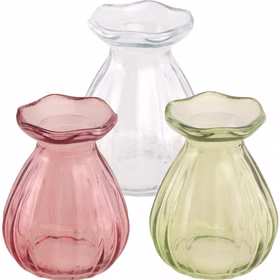 Mini Glasvase Corolle 7 x 9 cm kleine Blumenvase Tisch-Deko Hochzeit Geburtstag Sommerfest Gartenparty Vase klein Deko-Zubehör gedeckter Tisch Mini Glasvase Corolle 7 x 9 cm im Set in Rosa, Grün und Transparent, kleine Blumenvasen für Tisch-Deko.