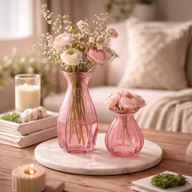 Rosafarbene Glasvasen mit frischen Blumen dekorativ auf einem Tisch arrangiert – stilvolle Wohn- und Tischdekoration.
