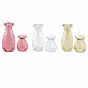 Glasvasen Set „Corolle“ in drei Farben – rosa, transparent und grün – jeweils als große und kleine Vase im Vergleich.