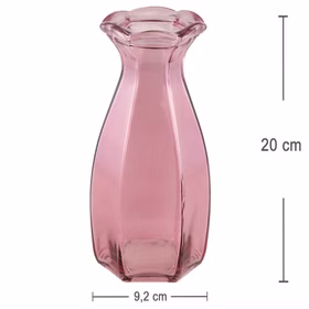 Große rosafarbene Glas-Blumenvase mit Maßangaben – elegante Vase mit schmalem Hals und gewelltem Rand.