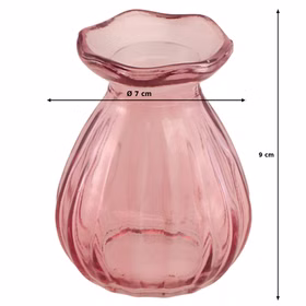 Kleine rosafarbene Mini-Glasvase mit Maßangaben – kompakte Tischvase mit gewelltem Rand und dekorativer Struktur.