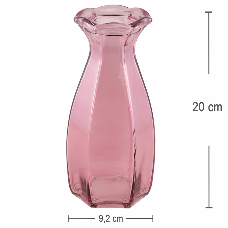 Glasvasen Set „Corolle“ 2er – Mini & große Blumenvase Tisch-Deko Rosa Grün Transparent Blumenvasen gedeckter Tisch Familienfest Hochzeit Geburtstag Jubiläum Kommunion Möbel & Wohnen Accessoires Große rosafarbene Glas-Blumenvase mit Maßangaben – elegante Vase mit schmalem Hals und gewelltem Rand.