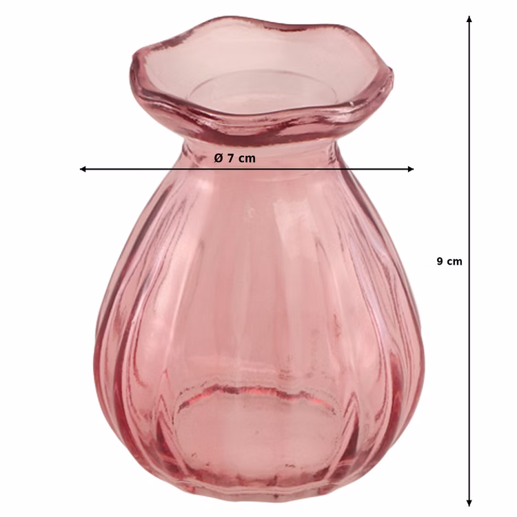 Glasvasen Set „Corolle“ 2er – Mini & große Blumenvase Tisch-Deko Rosa Grün Transparent Blumenvasen gedeckter Tisch Familienfest Hochzeit Geburtstag Jubiläum Kommunion Möbel & Wohnen Accessoires Kleine rosafarbene Mini-Glasvase mit Maßangaben – kompakte Tischvase mit gewelltem Rand und dekorativer Struktur.