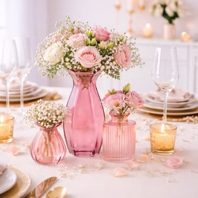 Rosa Glasvasen Set 3er Tischdeko 2 Mini & 1 große Vase Hochzeit & Geburtstag Tisch-Deko dekoratives Vasen-Set aus Glas Festtafel Dekoration gedeckter Tisch Wohnaccessoire Möbel & Wohnen Drei rosa Glasvasen in unterschiedlichen Größen stehen als Tischdekoration auf einer festlich gedeckten Tafel mit Kerzen, Blumenarrangement in Rosa und Weiß sowie goldfarbenem Besteck und Geschirr.