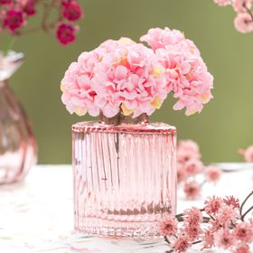 Drei Mini-Glasvasen in Rosa, Grün und Transparent mit geriffelter Oberfläche und unterschiedlicher Form auf hellem Hintergrund.