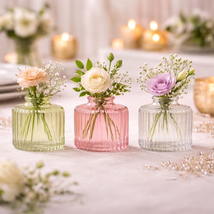 Drei Mini-Glasvasen in Rosa, Grün und Transparent mit geriffelter Oberfläche und unterschiedlicher Form auf hellem Hintergrund.