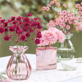 Mini Glasvasen-Set 6er Rosa Grün Klar Tisch-Deko Hochzeit Geburtstag gedeckter Tisch Blumenvase kleine Glasvase Dekoration Events Rosa und transparente Glasvasen mit kleinen Blumenarrangements als verspielte Tischdeko im natürlichen Ambiente.