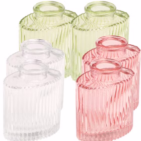 Mini Glasvasen-Set 6er Rosa Grün Klar Tisch-Deko Hochzeit Geburtstag gedeckter Tisch Blumenvase kleine Glasvase Dekoration Events Das 6er-Vasen-Set zeigt zwei grüne, zwei transparente und zwei rosa Mini-Glasvasen mit geriffelter Oberfläche.