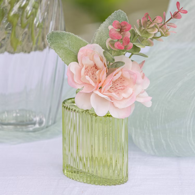 Mini Glasvasen-Set 6er Rosa Grün Klar Tisch-Deko Hochzeit Geburtstag gedeckter Tisch Blumenvase kleine Glasvase Dekoration Events Grüne Mini-Glasvase mit rosa Kunstblüte und Blättern als frische, romantische Tischdekoration.