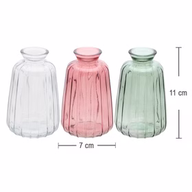 Glasvasen Verone im Farbmix Rosa, Grün und Transparent mit Maßangabe 7 x 11 cm als Übersicht der Varianten.