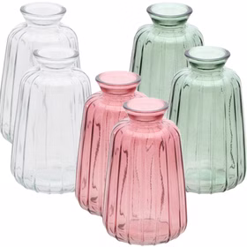6er-Set Glasvasen Verone in Rosa, Grün und Transparent, dekorativ als farblich sortiertes Tischvasen-Set arrangiert.