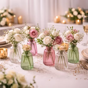 Mehrere Glasvasen Verone in Rosa, Grün und Transparent als elegante Tischdeko mit Blumen auf festlich gedecktem Tisch.