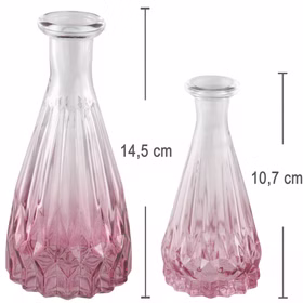 Zwei rosa Glasvasen mit eingezeichneten Maßen: große Vase 14,5 cm hoch, kleine Vase 10,7 cm hoch, dekorativ nebeneinander.