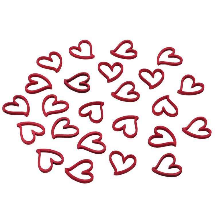 Rote Holzherzen Streudeko im Set (24 Stück), filigrane Herzformen auf weißem Hintergrund.